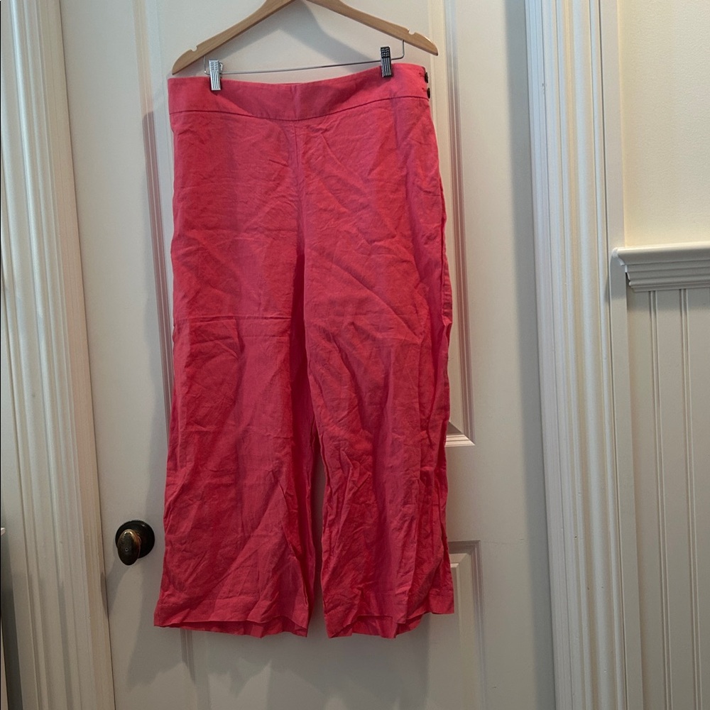 Talbots 100%Linen Coral Pink Wide Leg CropPants side zip w/hood eye Plus size 16
